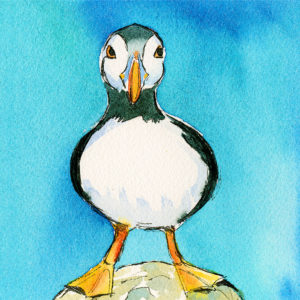 Pot bellied puffin painting with a turquoise blue background.