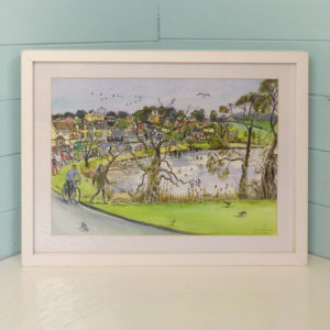 original painting of Wooton creek, Isle of Wight. This is a winter scene with a girl well wrapped up walking a shaggy dog.