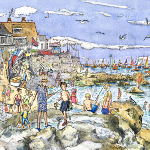 A picture of lots of people crabbing and swimming at seaview on the isle of wight