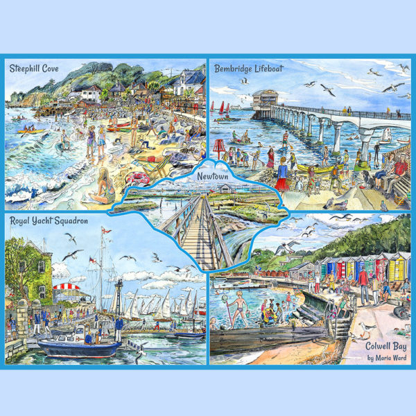 jigsaw design with five different paintings and the centre in the shape of the isle of wight, Bembridge, Cowes, Needles, Steephill Cove and Colwell Bay