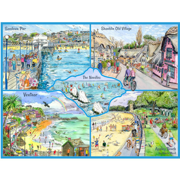 jigsaw design with five different paintings and the centre in the shape of the isle of wight, Godshill, Appley beach, Ventnor, Sandown and the Needles