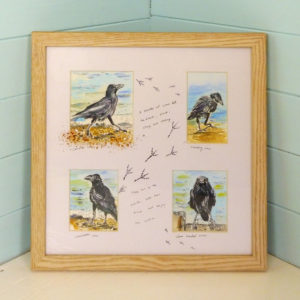 an original painting of four crows in different positions and titles on a beach on the Isle of Wight.