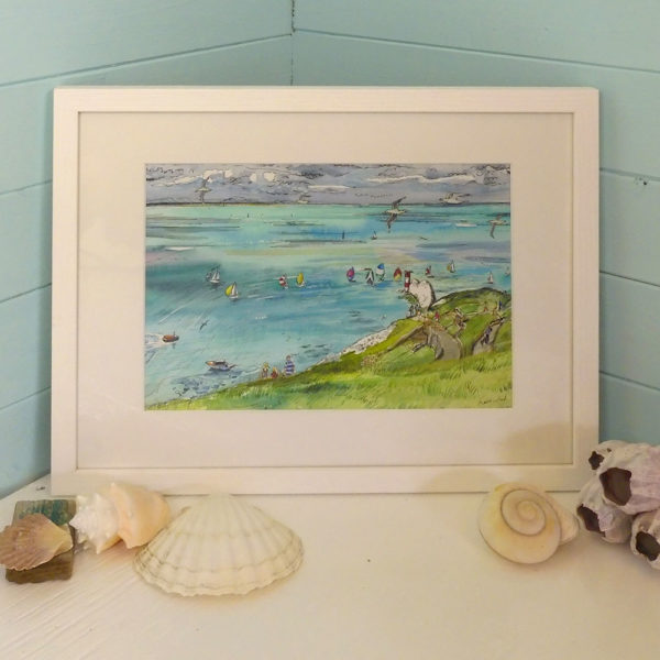 an original painting of the Needles and lighthouse Isle of Wight with the round the Island yacht race sailing round, the grass is very bright green and there are spectators clustered watching.