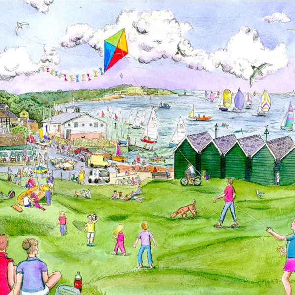 children flying a kite, people picnicking, beach huts and sailing boats at Gurnard green on the Isle of Wight