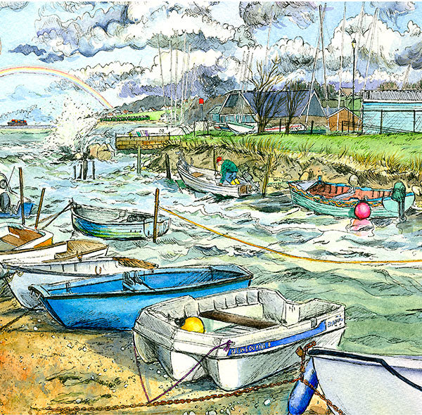 A rainbow shines over moored fishing boats at Gurnard Luck on the Isle of Wight.