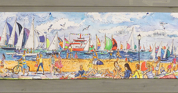 cowes parade printed table runner with lots of yachts and spectators