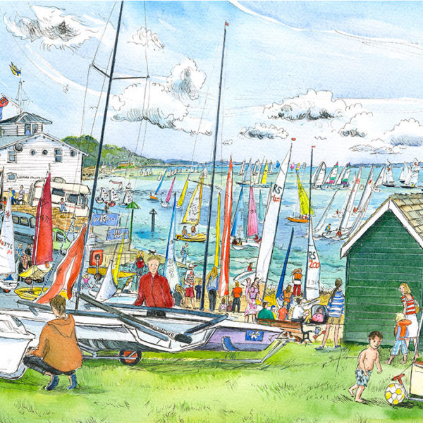 Gurnard Dinghy Week, a green with green beach huts filled with boats and people with boats racing in the background on the Isle of Wight