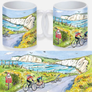 Isle of Wight, cyclists, speeding cyclists, compton bay, compton, Freshwater, artists mug, cycle mug, 323