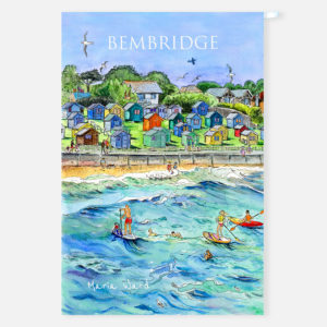 illustration of huts at Bembridge on the isle of wight with paddle-boards and kayaks