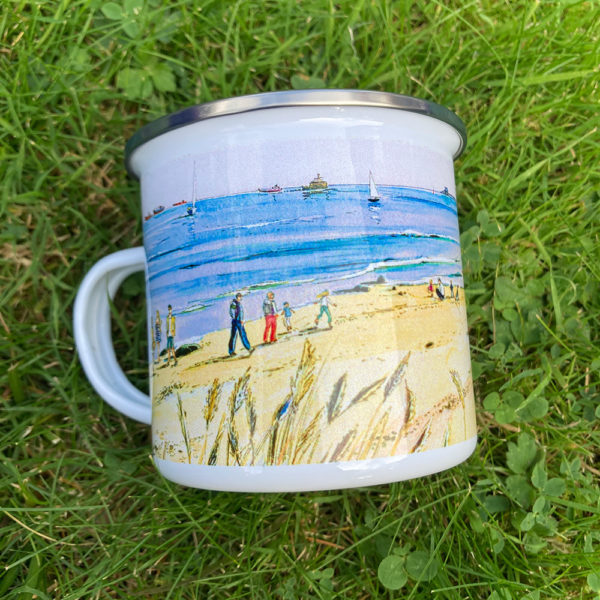 Enamel mug printed with a painting of priory bay on the isle of wight IOW