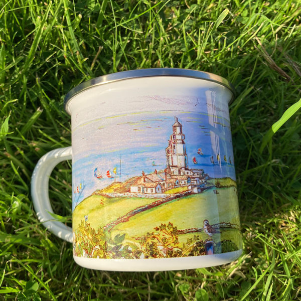 enamel mug featuring st catherines's lighthouse on the isle of wight