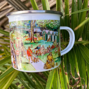enamel mug printed with a painting of appley beach on IOW isle of wight