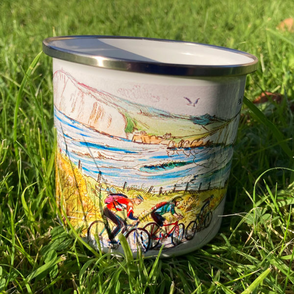 enamel mug featuring cyclists at compton on the isla of wight