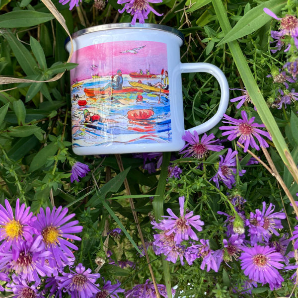 enamel mug featuring sea swimmer swimming across the solent and the needles in the background