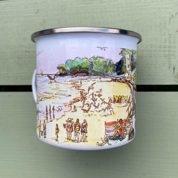 enamel mug printed with a painting of appley beach on IOW isle of wight