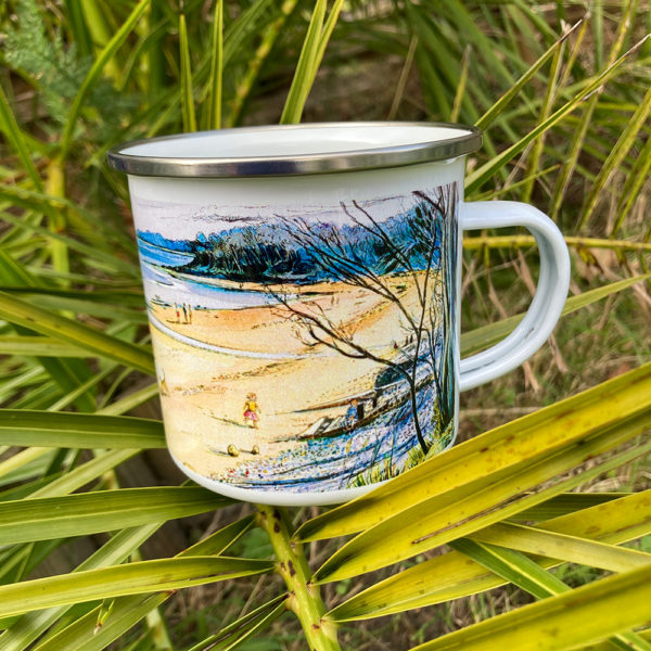 Enamel mug printed with a painting of priory bay on the isle of wight IOW