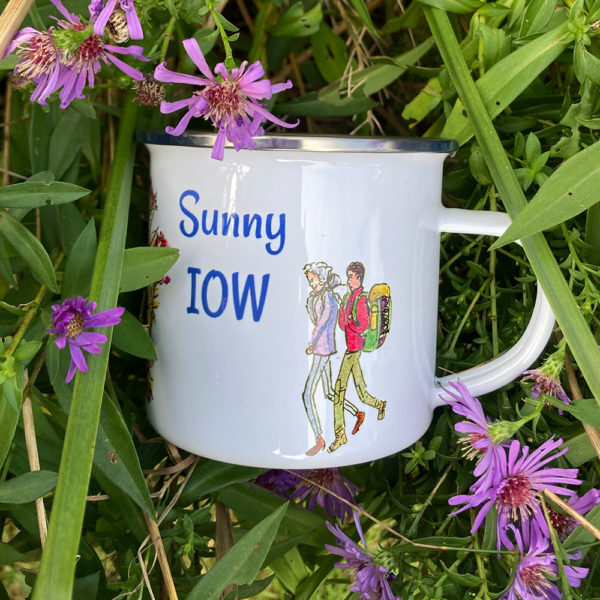 enamel mug printed sunny IOW and two hikers