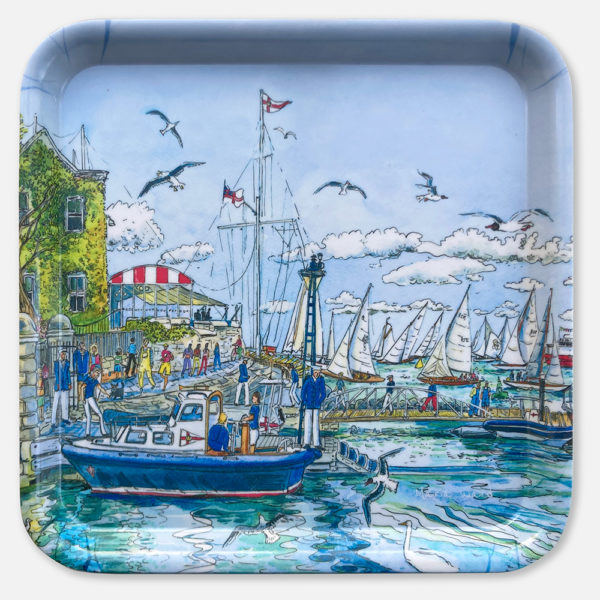 painting printed onto a melamine tray Classics racing past the royal yacht squadron Cowes on the isle of wight