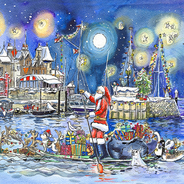 a painting of father christmas on a sup at cowes royal yacht squadron