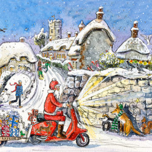 a painting of santa on a scooter at godshill on the isle of wight