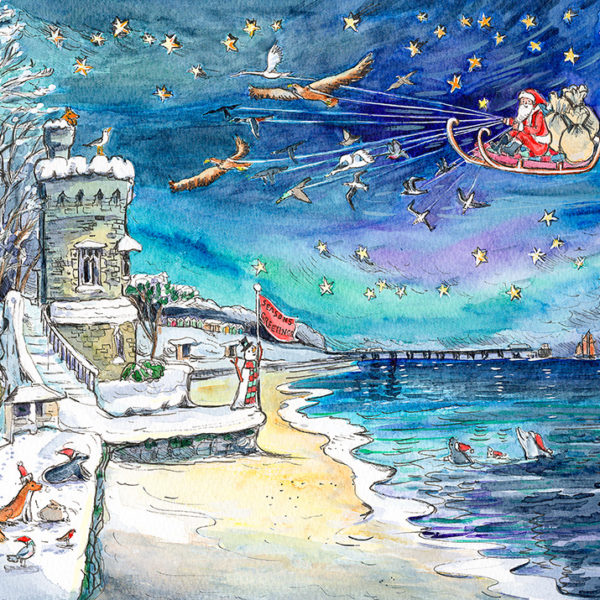 a painting of father Christmas flying past Appley tower Ryde with northern lights