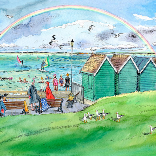 a painting of gurnard green with sea swimmers and a rainbow